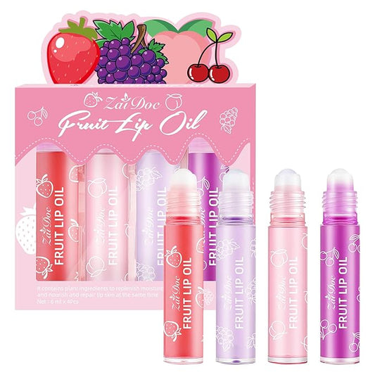 4Packs Fruit Lip Oil Roll-On, Jojoba Oil Infused Moisturizing Lip Gloss for Dry Lips, Nourishing & Non-Sticky Lip Care with Strawberry, Grape, Peach, Cherry Scents