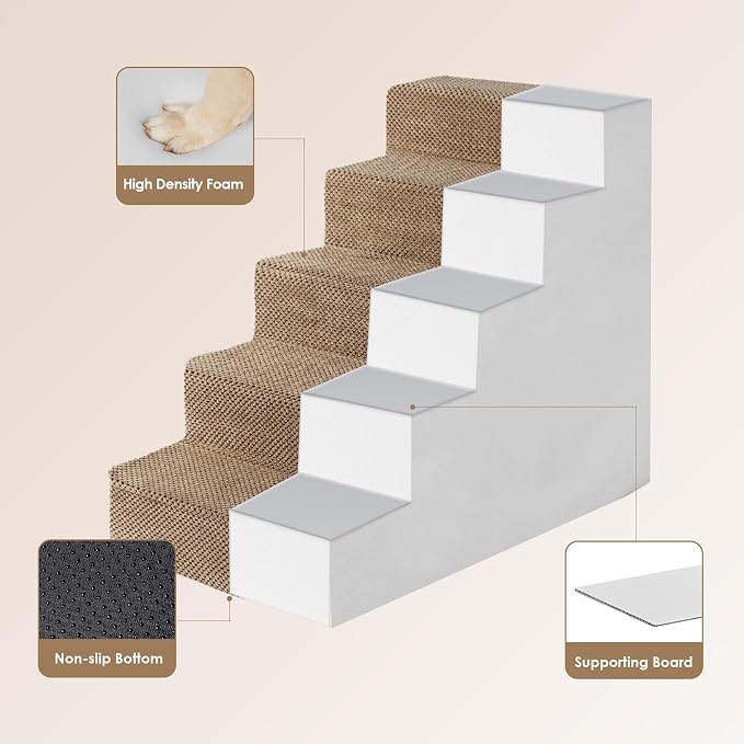 EHEYCIGA Dog Stairs for High Bed 22.5" H, 5-Step Dog Steps, Camel | Pet Steps for Small Dogs and Cats for Bed, Non-Slip Balanced Pet Ramp Indoor