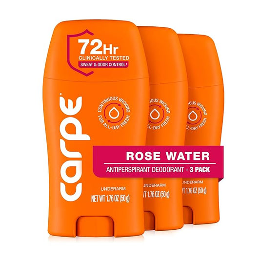 Carpe Underarm Antiperspirant for Women - 72 Hour Sweat & Odor Control - Women's Sweat Control Antiperspirant Deodorant - Extra Strength - Rose Water - 3 Pack