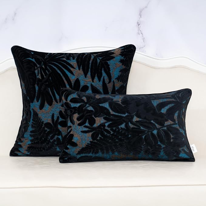 Alerfa Black Throw Pillow Cover 18x18 Inch, Square Cut Velvet Maple Leaf Embroidery Luxury Farmhosue Accent Decorative Pillow Cover for Couch Living Room Bedroom