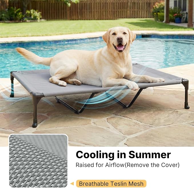 Veehoo Outdoor Elevated Dog Bed with Waterproof Bolster Cushion, Cooling | Raised Dog Bed with Removable & Washable Mat Topper, Breathable Mesh, Dog Couch Cot for Indoor Outdoor, 59", Large, Grey