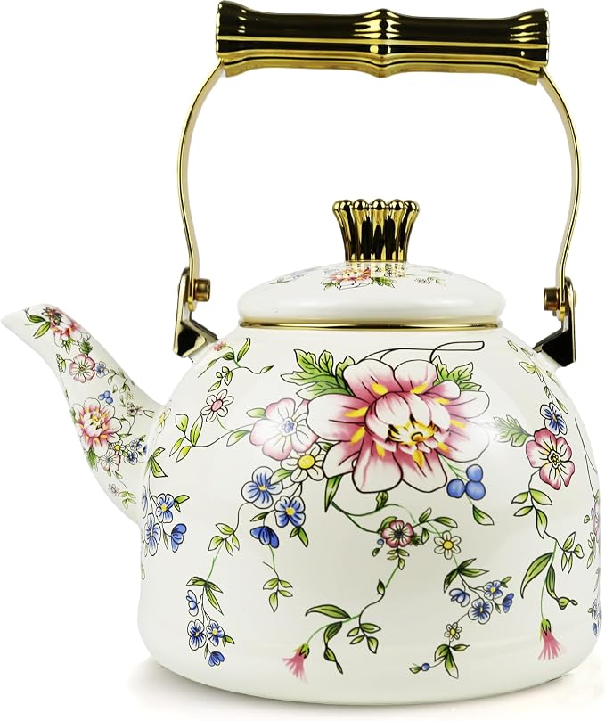 Vintage Enamel Tea Kettle Rose Floral Pattern Stovetop Teapot with Gold Handle, 2.5L Enamel Kettle Kitchen Decor, Ideal Gift for Housewarming Camping Coffee Pot
