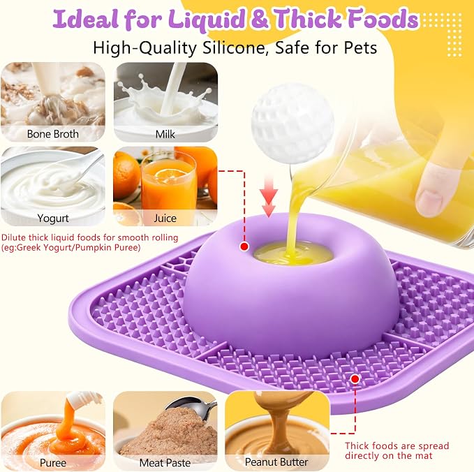 Slow Feeder Dog Bowls & Lick Mat for Liquid and Thick Treat, Anti-Slip Dog Lick Bowl with Interactive Rolling Ball, 5/6 Cup Pup Licking Toy for Large Medium Small Dogs and Cats-Large Purple
