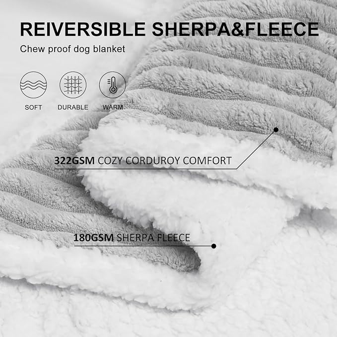 Waterproof Dog Blanket Warm Grey 40x50 in | Soft Pet Cat Blanket Cozy Calming Sherpa Corduroy Fleece Reversible Furniture Bed Protector Small Dogs, Machine Washable