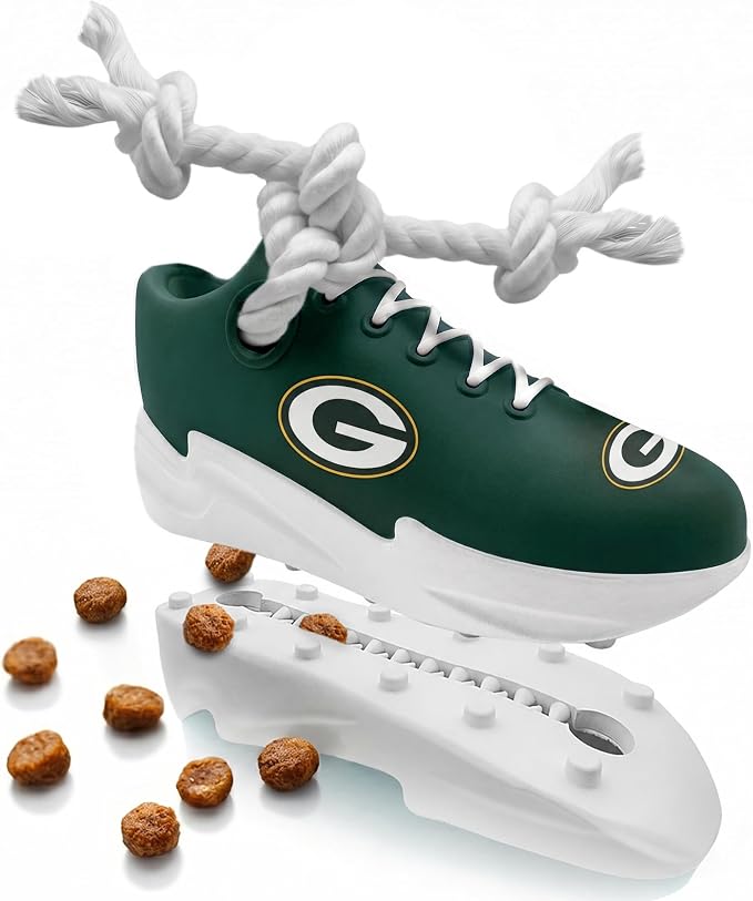 Pets First NFL Green Bay Packers Cleat Sneaker Spike Dog Toy, Football Treat Dispenser Chew Toy for Dogs, Interactive Rope Tug Toy, Slow Feeder Natural Rubber Dog Toy with Official Team Logo