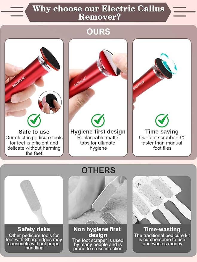 Electric Foot Callus Remover,MOWLIE Electric Foot Care Tools with Speed Controller and 60pcs Replacement Sandpaper Disk for Men Women Dead Dry Crack Skin Calluses(red)