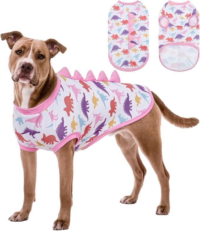 UPF 50+ Sun Protection Dog Shirt - Sleeveless Cooling Vest for Medium Dogs Boy, Quick-Dry Pet T-Shirt with Funny Dinosaur Horns, UV Protective Breathable Dog Clothes U-COSBX04M