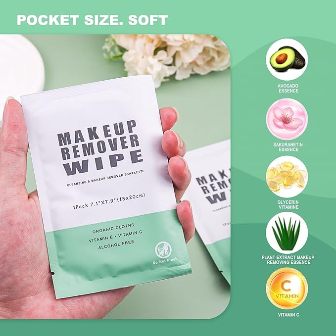 50 pcs Makeup Remover Wipes Individually Wrapped Makeup Wipes Bulk Face Cleansing Wipe, Travel Towelette Makeup Remover Cloth for Face Cleansing Skin Care Remove Makeup(Green)