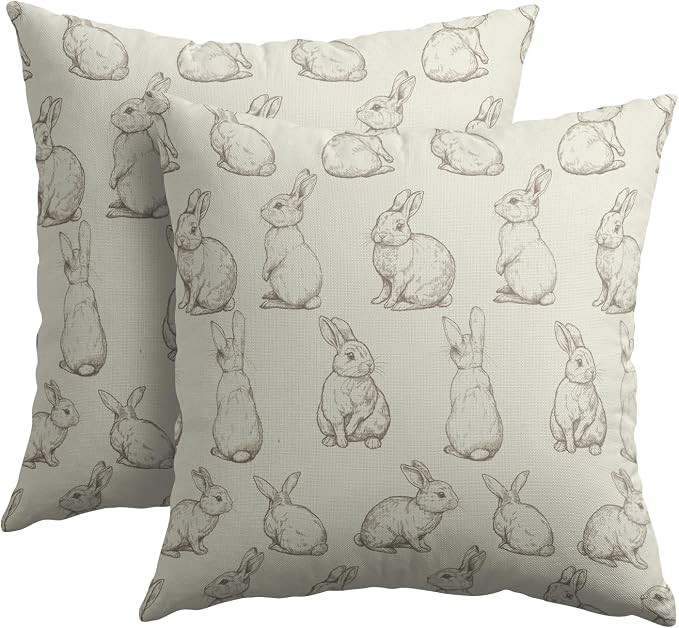 Kawani Vintage Farmhouse Bunny Pillow Covers 22x22 Set of 2 Green Rabbits Holiday Decorative Throw Pillow Cases Cotton Linen Cushion Cover for Sofa Couch Porch Patio Bench Home Decor