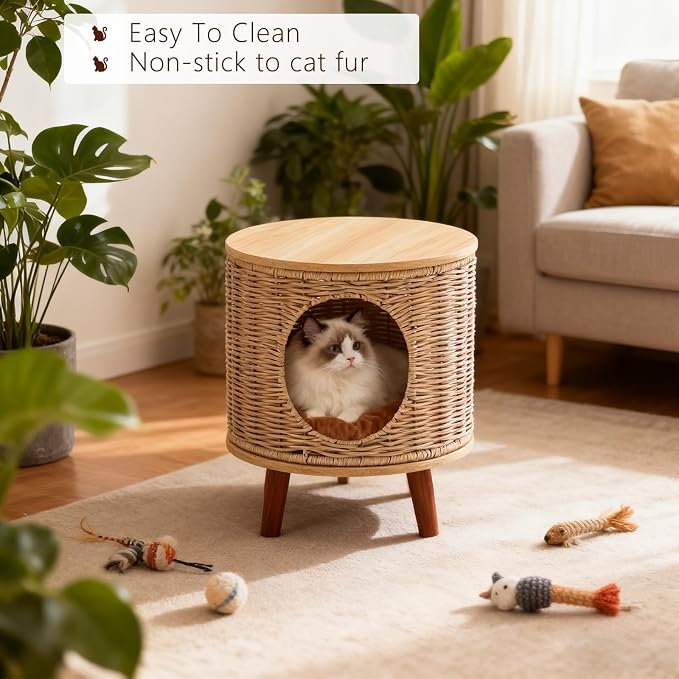 Rattan Cat House End Table, 2-in-1 Cat Bed Side Table, Stylish Pet Furniture for Indoor Cats in Living Room and Bedroom Natural