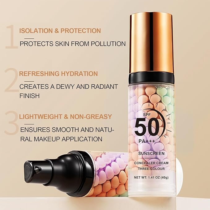 3-in-1 Primer with SPF 50, One Step Color Corrector & Tinted Moisturizer Sunscreen Makeup Base Isolation Cream that Blurs Imperfections, Controls Oil & Moisturizes For All Skin Tones
