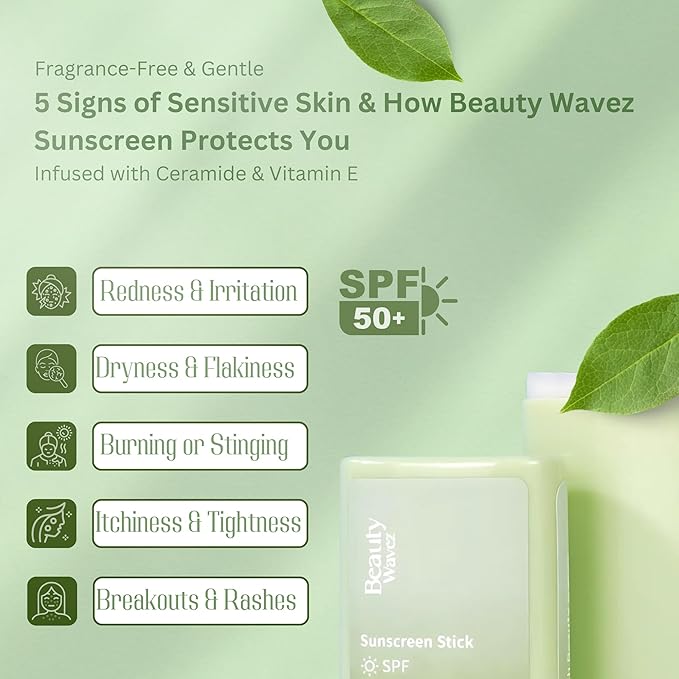 Beauty Wavez Face Sunscreen Stick for Sensitive Skin – Broad Spectrum SPF 50+ with Ceramide & Vitamin E – UVA/UVB Protection, Travel Size