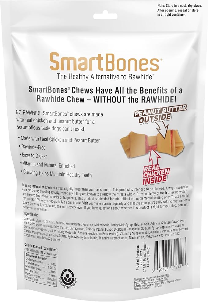 SmartBones Mini Bones Rawhide-Free Dog Treat, Real Peanut Butter, 24 Count | With With Real Chicken & Peanut Butter, Easy To Digest Chew With Vitamins & Minerals, Supports Dental Health, For Small Dogs