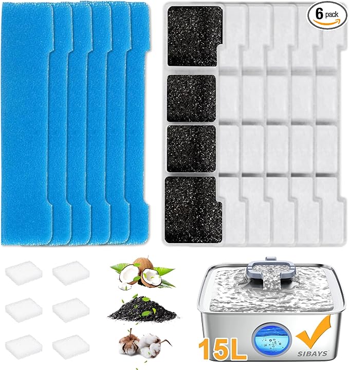 SIBAYS Dog Water Fountain Filter Replacement for 4Gal/15L Stainless Steel Pet Fountains, Made of Activated Carbon and PP Cotton, 6 Pet Water Fountain Filter, 6 Pre-Filter Sponge with 6 Pump Sponge L05