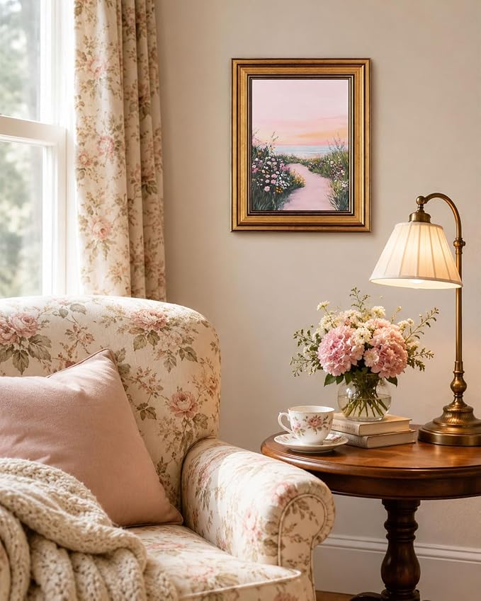 Gold Framed Wall Art, Pink Coastal Seascape Canvas Prints, Pink Sky Beach Wildflower Landscape Picture Wall Decor, Dreamy Beachy Aesthetic Artwork for Living Room Bedroom 9x11 inch