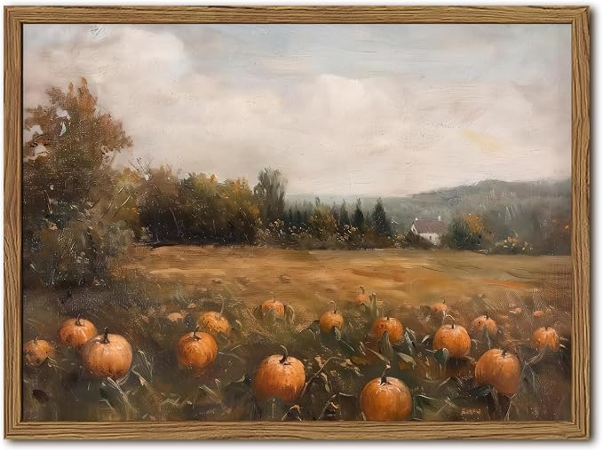 Framed Vintage Pumpkin Wall Art, Farmhouse Pumpkin Field Pictures Wall Decor, Rustic Harvest Landscape Paintings Canvas Prints Country Fall Home Decor for Living Room Kitchen 16×24 inch