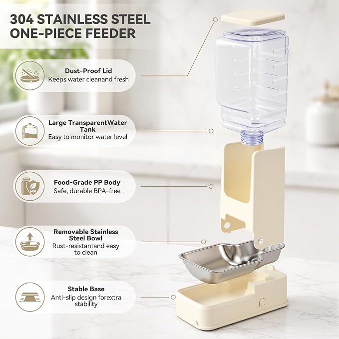 2 Pack Automatic Cat Feeder Stainless Steel Gravity Food and Water Dispenser for Small Medium Kitten Puppy Pets (Cream)