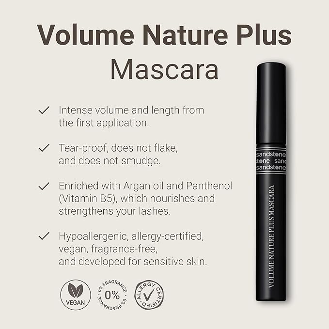 Sandstone Scandinavia Volume Nature Plus - Hypoallergenic Mascara Sensitive Eyes - Smudge- & Sweatproof, Volume and Lengthening - Allergy tested - Vegan - Non Toxic