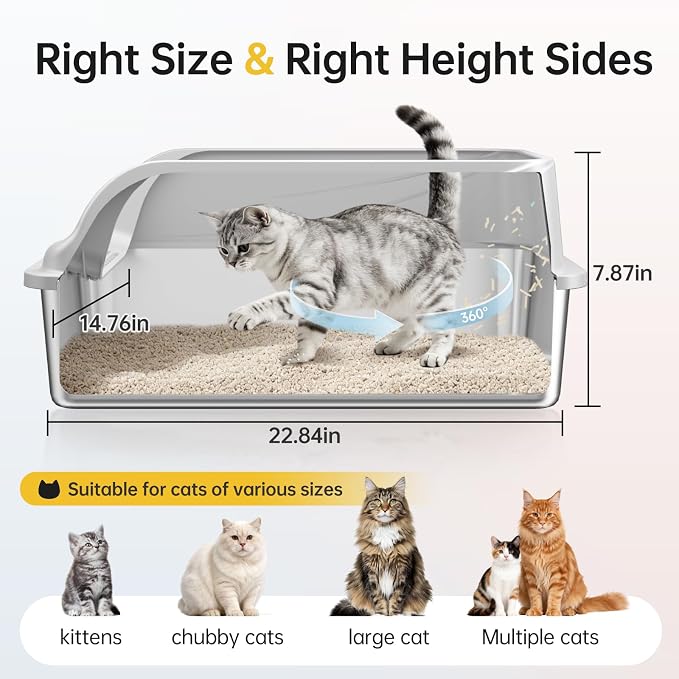 High-Sided Stainless Steel XL Cat Litter Box for Cats | High-sided design prevents urine leakage. Non-stick and easy to clean. Includes scoop.
