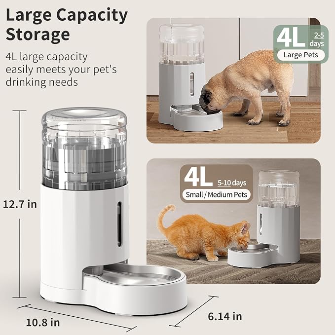 JUNSPOW Cat Water Dispenser with Stainless Steel Bowl (4L White) | Automatic Gravity Water Dispenser for Cats or Small Medium Size Dogs, Large Capacity, Easy to Clean