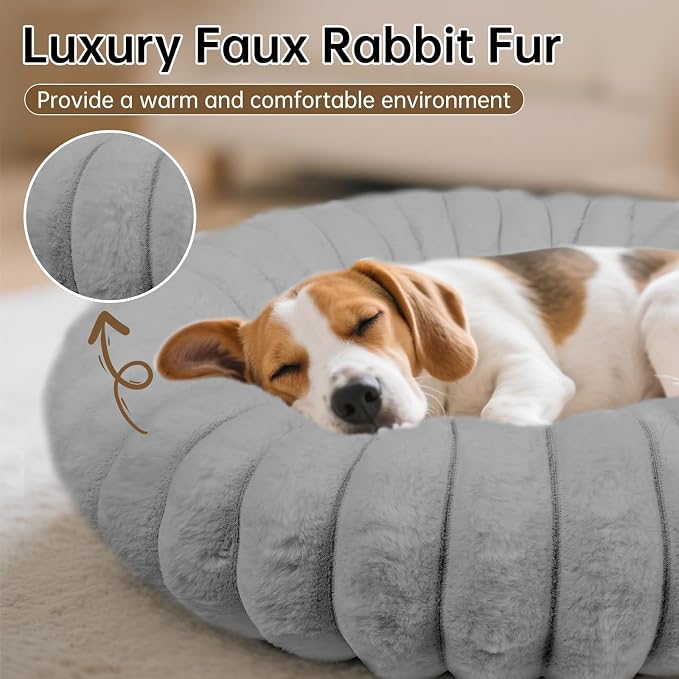 Washable Donut Dog Beds Large Sized Dog,Soft Pet Bed,36in Grey | Cozy Calming Round Cuddler, Fluffy Faux Rabbit Fur, Non-Slip Bottom, Anti-Anxiety, Circle Bed for Large Pets Up to 90 Lbs
