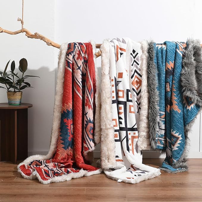 Luxury Plush Faux Fur Throw Blanket with Aztec Pattern, Super Warm, Fuzzy, Elegant, Fluffy Decoration Blanket for Couch, Armchair, Sofa and Bed, 60''x 80'', Cream