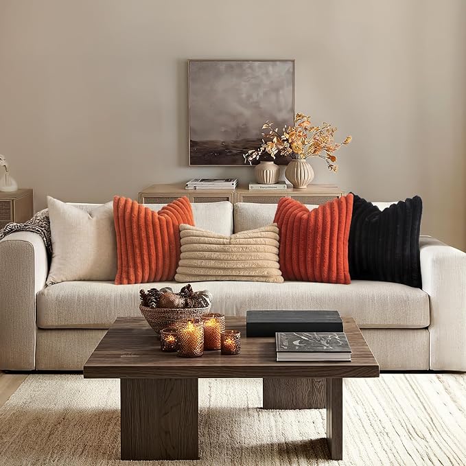 MIULEE Fall Faux Fur Decorative Throw Pillow Covers 20x20 Burnt Orange | Set of 2, Vintage Boho Soft Plush Couch Pillows, Cozy Fluffy Cushion Covers for Sofa Bed Living Room Home Decor
