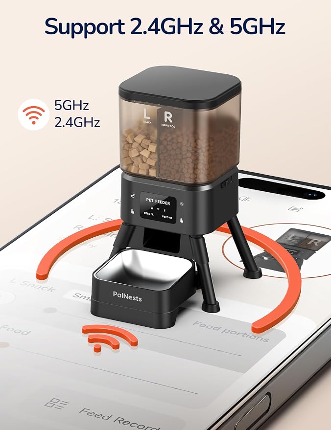 Dual Chamber Automatic Cat Feeder 4L, Dry/Treat Portion | Smart WiFi Pet Food Dispenser 4L with 2.4&5G WiFi App, Custom Schedule & Portion Control for Dry Food and Treats, Black