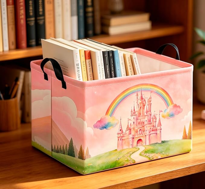 CLOCOR Rectangular Storage Basket Empty,Gift Basket,Waterproof Storage Bin with Handles,Room Decor(Pink Castle)