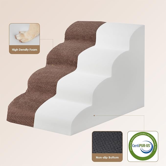 EHEYCIGA Curved Dog Stairs Ramp, 4-Step High Beds, 19.7" H Pet Step | 33D density of pure foam, for Small Dogs and Cats, Pet Stairs for High Bed Climbing, Non-Slip Balanced Indoor, Brown