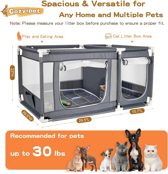 2-in-1 Cat Playpen 46x29.5x23in Enclosure with Litter Box Area