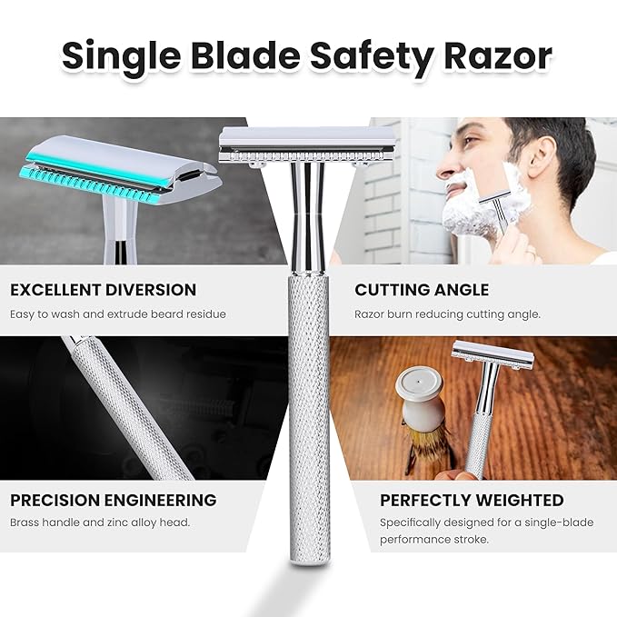 KEROPY Single Blade Safety Razor With 10 Premium Stainless Steel Blades Double Edge Safety Razors For Men, Smooth Wet Shave Experience, Glossy Silver