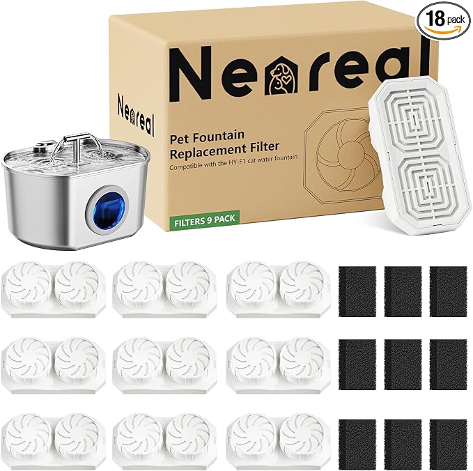 Neareal Official 9-Pack Replacement Filters for 74oz/2.2L Pet Fountain | Replacement Set Includes 9 Filters and 9 Pre-Filter Sponges, Replace Every 1–2 Weeks