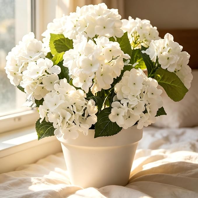 8 Pcs Hydrangea Artificial Flowers Outdoor Silk Bouquets, White UV Resistant Faux Hydrangeas Flowers for Table Vase Centerpieces Outside Party Wedding Porch Patio Planter Home Indoor Outdoor Decor