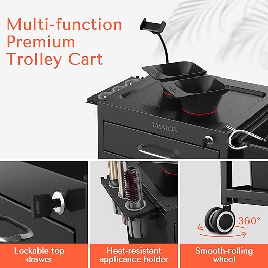 TASALON Salon Trolley Cart with Wheels, 2 Magnetic Bowls & Drawers | Mobile Hair Stylist Station for Tools Storage, Rolling Organizer Cart for Barber & Tattoo Supplies - Balck
