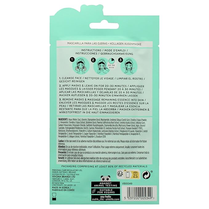 Oh K! Eye Mask - Collagen - Hydrating Under Eye Patches - Undereye Patches with Niacinamide, Hyaluronic Acid - Collagen Mask for Dark Circles - 1 Pair