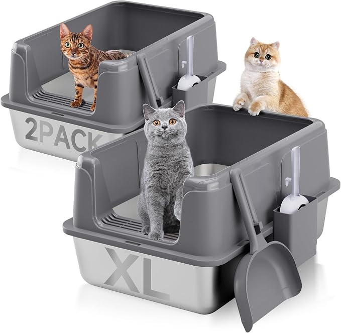High-Sided Stainless Steel XL Cat Litter Box for Cats