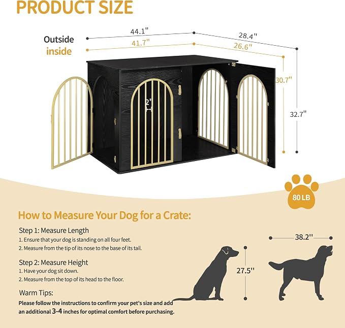 Hzuaneri 44.1'' Dog Crate Furniture,Dog Kennel Indoor for Medium/Large Dogs | Dog Kennel Furniture Wooden Dog Cage Heavy Duty Dog Crate Decorative Pet House End Side Table TV Stand,Black Gold DFC83904A
