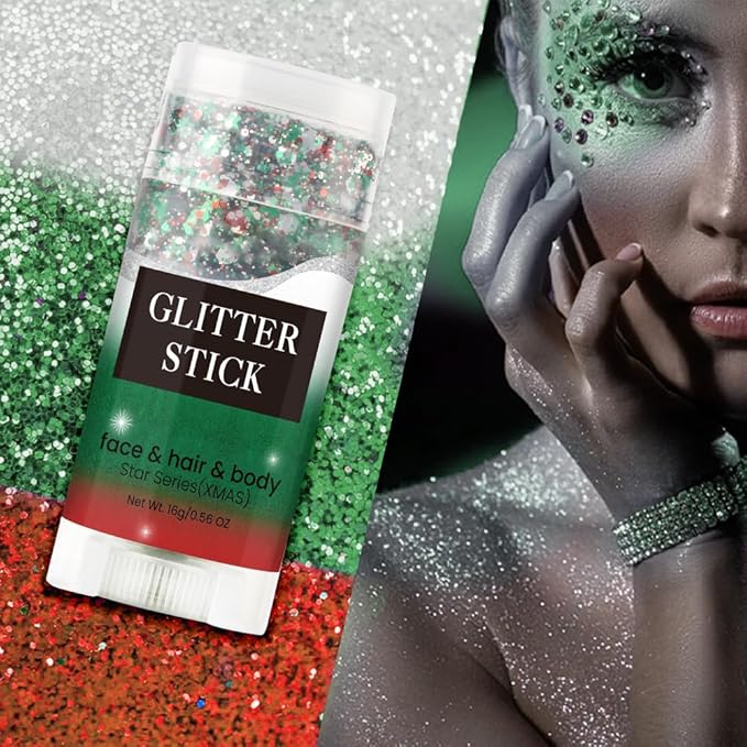 Christmas Body and Face Glitter Stick, Holographic Sparkling Neon Outfit Singer Concert Music Rave Festival Accessories Hair Glitter Gel Makeup. (Red &Green & White)
