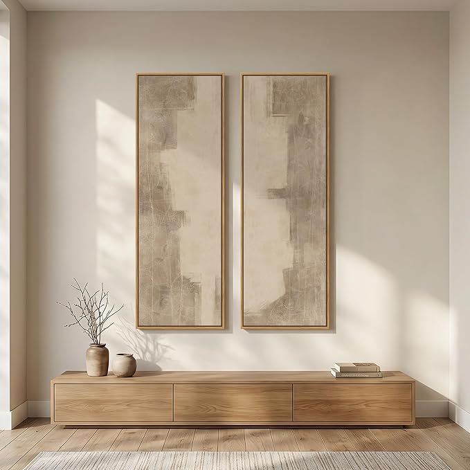 Large Framed Neutral Abstract Long Narrow Wall Art for Hallway, 2 Piece | Long narrow, Large canvas prints, Abstract pictures, Neutral beige, Vertical, Living room, Bedroom, Entryway wall decor