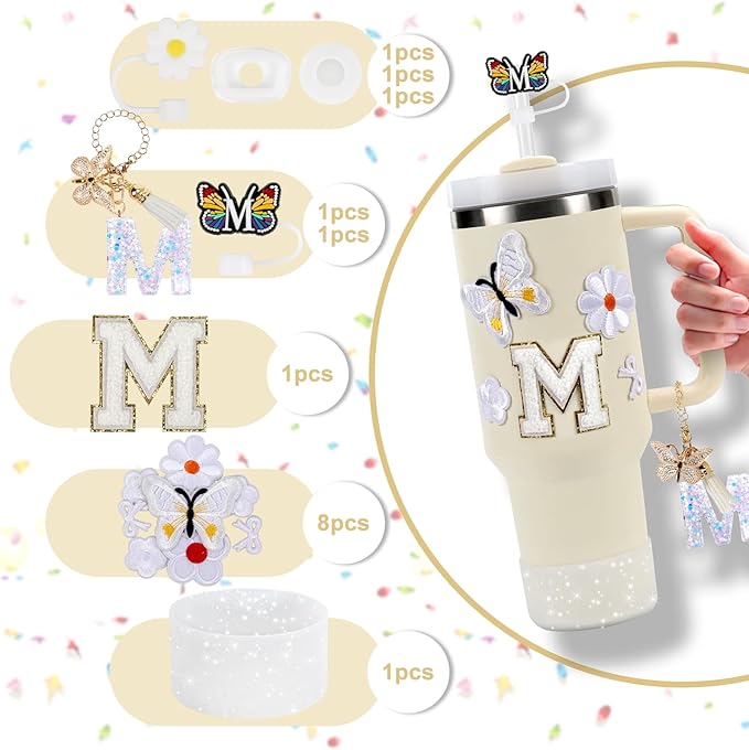 15PCS Cup Accessories Set for Stanley Cup 30oz 40oz Tumbler with Handle, Including Silicone Straw Cover and Boot, Spill Proof Stopper, Stanley Charms, Handle Charm, Initials Sticker