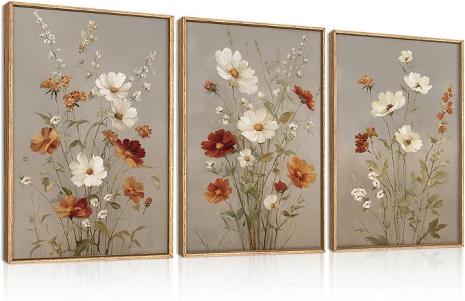 BINCUE Vintage Flower Wall Art Set of 3 Framed Floral Wall Paintings 16x24 | Rustic Wildflower Artwork,Neutral Botanical Wall Decor,Farmhouse Daisy Prints for Living Room Bedroom Office