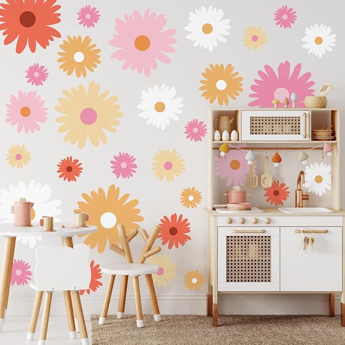TaoBary 12 Sheet Daisy Wall Sticker Decal,Bright Color,Artsy Style | Big Flower Wall Sticker, Pink White Floral Decal, Daisy Bedroom Room Decor, Removable Peel and Stick, Nursery Home Wall Decor