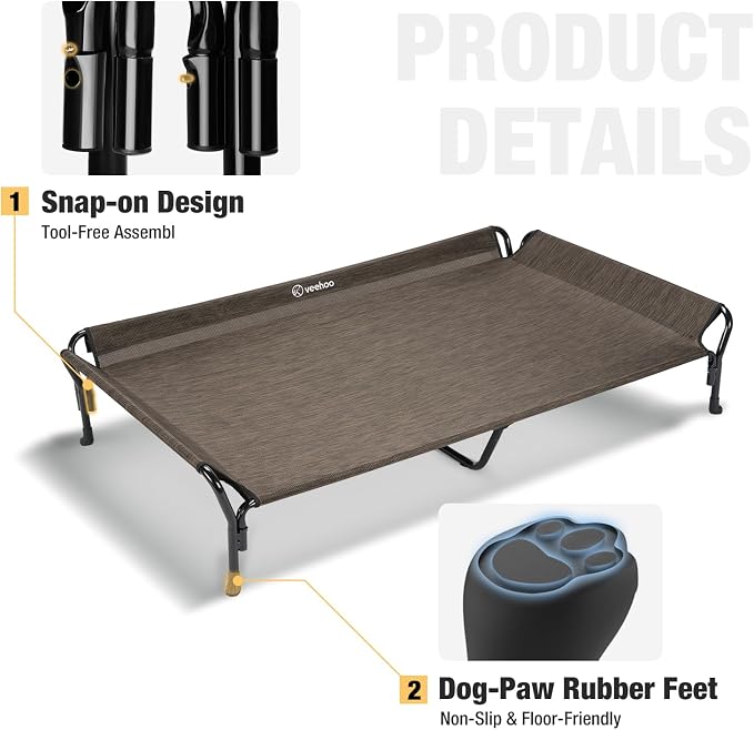 Veehoo Cooling Elevated Dog Bed, Raised Dog Cot with Guardrail & Headrest | Washable Dog Couch Bed for Indoor & Outdoor, Durable Breathable Teslin Mesh, Non-Slip Feet, XX Large, 63" x 37", Brown