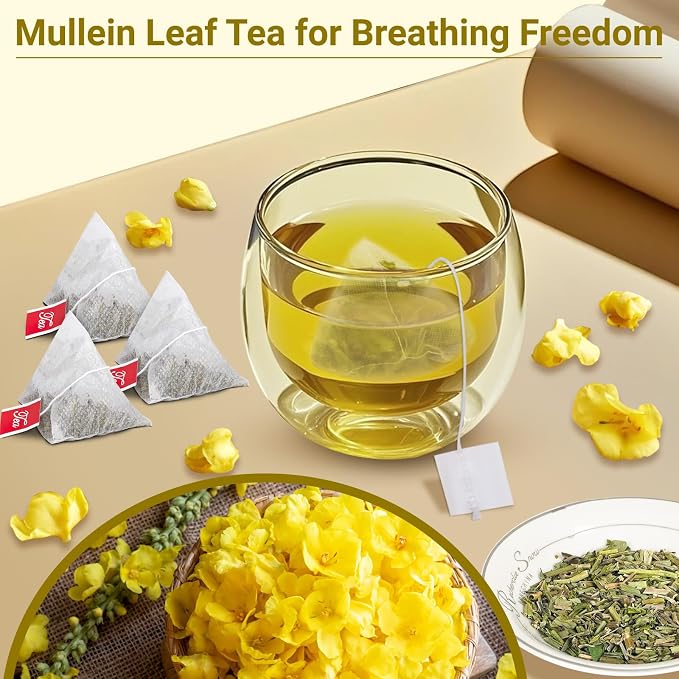 Mullein Tea Bags for Lungs, 100% Pure Mullein Leaf Tea for Lungs Cleanse and Respiratory Support, Caffeine Free, No Additives, Non-GMO (1 Pack/100 Bags)
