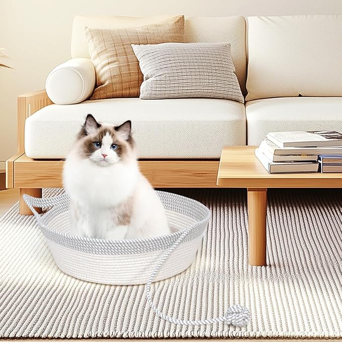 Cat Bed, Cotton Rope Instinct Basket for Cats, Handwoven Cat Beds | Stimuli Handwoven Basket for Cat, Pet Sleeping Bed with Rope Ball, Puppies, Rabbits and Small Pets(Medium, Gray & White)