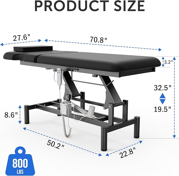 Dolonm 2 Motors Electric Massage Table, Hydraulic Electric Lift Adjustable Backrest and Height Lifting for Treatment, Physical Therapy, Spinal Massage, Facial Spa, Waxing, Tattooing - Black