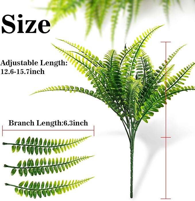 MAQIHAN 20PCS Fake Fern for Outdoor - Artificial Boston Fern Stems Decor | Realistic Fake Greenery for Large Planters, Vase, Porch, Patio, Garden Decor, Faux Plants for Indoor, Outdoor Home Decoration