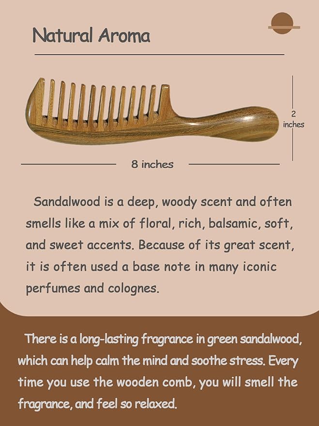 Yuutbiu Green Sandalwood Wide Tooth Hair Comb with Handle - Detangling Brush for Curly/Coily Hair, Split Ends Repair & Gentle Scalp Care (Anti-Static Wooden Design)