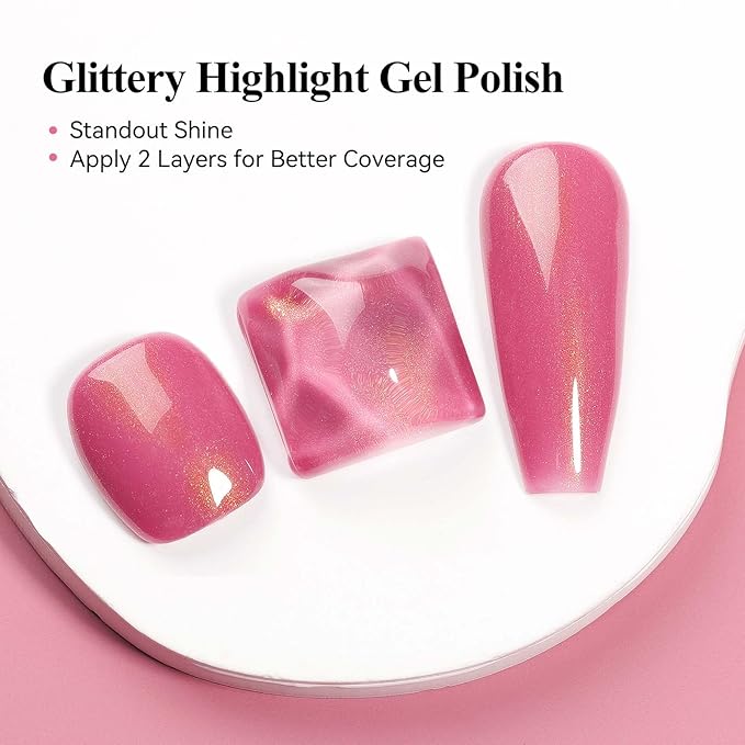Pink Shimmer Gel Nail Polish, Dark Pink Color Holographic Glitter Jelly Gel Polish Soak Off UV Neutral Nail Polish Gel for Valentine's Day Gift Nail Art Salon at Home, 12ML